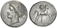 TETRADRACHMEN DES HELLENISMUS DIE SAMMLUNG DIETER GRUNOW, BERLIN GRIECHEN SICILIA PUNIER AR-Tetradrachme, 350/320 v. Chr., Lagermünzstätte; 16,39 g. Korekopf l.//Pferd springt r., dahinter Palme. Jenk