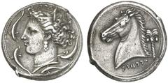 TETRADRACHMEN DES HELLENISMUS DIE SAMMLUNG DIETER GRUNOW, BERLIN GRIECHEN SICILIA PUNIER AR-Tetradrachme, 320/300 v. Chr., Lagermünzstätte; 17,00 g. Korekopf l., von vier Delphinen umgeben //Pferdekop