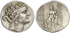 TETRADRACHMEN DES HELLENISMUS DIE SAMMLUNG DIETER GRUNOW, BERLIN GRIECHEN MACEDONIA RÖMISCHE PROVINZ AR-Tetradrachme des thasischen Typs, 148/80 v. Chr.; 16,28 g. Dionysoskopf r.//Herakles steht l. mi