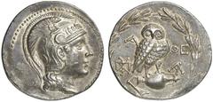 TETRADRACHMEN DES HELLENISMUS DIE SAMMLUNG DIETER GRUNOW, BERLIN GRIECHEN ATTICA ATHEN AR-Tetradrachme, 158/157 v. Chr.; 16,82 g. Athenakopf r. mit attischem Helm//In Kranz: Eule auf Amphore v. v. zwi