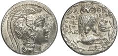 TETRADRACHMEN DES HELLENISMUS DIE SAMMLUNG DIETER GRUNOW, BERLIN GRIECHEN ATTICA ATHEN AR-Tetradrachme, Metageitnion (= August/September) 132 v. Chr.; 16,85 g. Athenakopf r. mit attischem Helm//In Kra