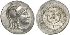 TETRADRACHMEN DES HELLENISMUS DIE SAMMLUNG DIETER GRUNOW, BERLIN GRIECHEN IONIA LEBEDOS AR-Tetradrachme, nach 190 v. Chr., Magistrat Apollodotos; 16,06 g. Athenakopf r. mit attischem Helm//In Kranz: E