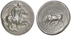 TETRADRACHMEN DES HELLENISMUS DIE SAMMLUNG DIETER GRUNOW, BERLIN GRIECHEN IONIA MAGNESIA AR-Tetradrachme, 350/325 v. Chr., Magistrat Pitthion; 15,12 g. Gepanzerter Reiter r. mit Lanze//Stier stößt l.,