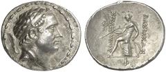 TETRADRACHMEN DES HELLENISMUS DIE SAMMLUNG DIETER GRUNOW, BERLIN GRIECHEN SYRIA KÖNIGREICH Seleukos IV., 188-175 v. Chr. AR-Tetradrachme, Antiochia; 16,78 g. Kopf r. mit Diadem//Apollo sitzt l. auf Om