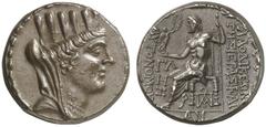 TETRADRACHMEN DES HELLENISMUS DIE SAMMLUNG DIETER GRUNOW, BERLIN GRIECHEN SYRIA LAODIKEIA AD MARE AR-Tetradrachme, Jahr 33 (= 49/48 v. Chr.); 15,18 g. Tychebüste r. mit Mauerkrone//In Kranz: Zeus Nike
