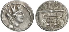 TETRADRACHMEN DES HELLENISMUS DIE SAMMLUNG DIETER GRUNOW, BERLIN GRIECHEN SYRIA SELEUKEIA PIERIA AR-Tetradrachme, Jahr 12 (=98/97 v. Chr.); 14,74 g. Tychekopf r. mit Mauerkrone//Blitz auf Thron. Cohen