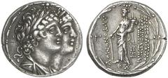 TETRADRACHMEN DES HELLENISMUS DIE SAMMLUNG DIETER GRUNOW, BERLIN GRIECHEN PHOENICIA TRIPOLIS AR-Tetradrachme, Jahr 209 seleukidischer Ära (= 104/103 v. Chr.); 15,28 g. Büsten der Dioskuren r.//Tyche s