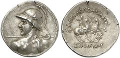 TETRADRACHMEN DES HELLENISMUS DIE SAMMLUNG DIETER GRUNOW, BERLIN GRIECHEN BACTRIA Eukratides I., 170-155 v. Chr. AR-attische Tetradrachme, Merv; 16,85 g. Büste l. mit Helm und Speer//Die Dioskuren rei
