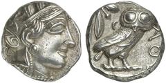 MÜNZEN AUS DER WELT DER ANTIKE GRIECHISCHE MÜNZEN ATTICA ATHEN AR-Tetradrachme, um 420/405 v. Chr.; 17,13 g. Athenakopf r. mit attischem Helm//In Incusum: Eule r., dahinter Olivenzweig und Mondsichel.