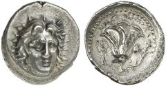 MÜNZEN AUS DER WELT DER ANTIKE GRIECHISCHE MÜNZEN CARIA RHODOS AR-Didrachme, 250/230 v. Chr., Magistrat Mnasimachos; 6,53 g. Helioskopf fast v. v.//Rose, l. steht Athena. Ashton, The Coinage of Rhodes