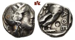 ATTICA ATHEN. AR-Tetradrachme, um 420/405 v. Chr.; 16.94 g. Athenakopf r. mit attischem Helm//In Incusum: Eule r., dahinter Olivenzweig und Mondsichel. Flament Gruppe III. Prüfeinhiebe auf Avers und R