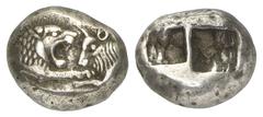 GRIECHISCHE MÜNZEN LYDIA Kroisos, 561-546 v. Chr. AR-1/2 Stater, Sardeis; 5,31 g. Löwen- und Stierprotome einander gegenüber// Zwei Incusa. SNG v. Aulock vergl. 2877 ff. Herrliche Patina, hervorragend