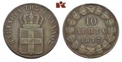 GREECE Otto I., 1832-1862. Ku.-10 Lepta 1837, Athen. Divo 18 c; Karamitsos 74. Sehr schön