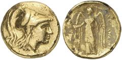 GRIECHISCHE MÜNZEN MACEDONIA KÖNIGREICH Alexander III., 336-323 v. Chr. AV-Stater, 334/323 v. Chr., Sardeis; 8,52 g. Athenakopf r. in korinthischem Helm//Nike steht l. mit Kranz und Stylis, davor Bukr