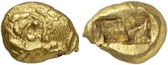 GRIECHISCHE MÜNZEN LYDIA Kroisos, 561-546 v. Chr. AV-Stater (leichter Standard), Sardeis; 8,12 g. Löwen- und Stierprotome einander gegenüber//Zwei Incusa. SNG v. Aulock 2875. RR Sehr schön Exemplar de