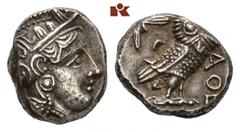 ATTICA ATHEN. AR-Tetradrachme, um 350/295 v. Chr.; 17.15 g. Athenakopf r. mit attischem Helm//Eule r., dahinter Olivenzweig und Mondsichel. Flament S. 125 ff., Gruppe Pi V. Herrliche Patina, knapper S