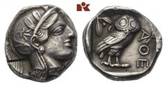 ATTICA ATHEN. AR-Tetradrachme, um 420/405 v. Chr.; 17.13 g. Athenakopf r. mit attischem Helm//In Incusum: Eule r., dahinter Olivenzweig und Mondsichel. Flament Gruppe III. Prüfeinhieb auf dem Avers, f