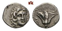 CARIA RHODOS. AR-Drachme, 205/190 v. Chr., Magistrat Teisylos; 2,78 g. Helioskopf fast v. v.//Rose, l. Schlange. Ashton, The Coinage of Rhodes 299; SNG Keckman 591. Feine Tönung, attraktives, sehr sch