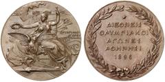 MEDAILLEN OLYMPIADE ATHEN, I. OLYMPIADE 1896 Bronzemedaille 1896, von N. Lytras, Werkstatt Pittner, Wien, für die Teilnehmer der Olympiade vom 6.-15. April. Viktoria sitzt halbr., den Kopf nach l. gew