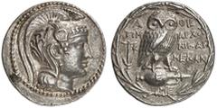 GRIECHISCHE MÜNZEN ATTICA ATHEN. AR-Tetradrachme, Maimakterion (= November/Dezember) 134 v. Chr.; 16,85 g. Athenakopf r. mit attischem Helm//Im Kranz: Eule auf Amphore mit v. v., l. Anker und Stern. T