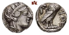 ATHEN. AR-Tetradrachme, um 420/405 v. Chr.; Athenakopf r. mit attischem Helm//In Incusum: Eule r., dahinter Olivenzweig und Mondsichel. Flament Gruppe III. Fast vorzüglich