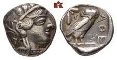 ATHEN. AR-Tetradrachme, um 420/405 v. Chr.; Athenakopf r. mit attischem Helm//In Incusum: Eule r., dahinter Olivenzweig und Mondsichel. Flament Gruppe III. Winz. Kratzer, Rs. Graffito, sehr schön