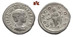 Antoninus IV. Elagabal, 218-222 für Aquilia Severa. AR-Denar, 220/222, Rom; Drapierte Büste r.//Concordia steht l. mit Patera und Doppelfüllhorn, davor Stern. BMC 185; Coh. 2; RIC 225. Sehr schön Elag