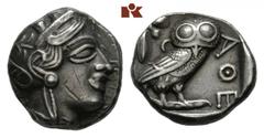 ATHEN. AR-Tetradrachme, um 420/405 v. Chr.; 17,12 g. Athenakopf r. mit attischem Helm//In Incusum: Eule r., dahinter Olivenzweig und Mondsichel. Flament Gruppe III. Kleine Kratzer auf dem Avers, feine
