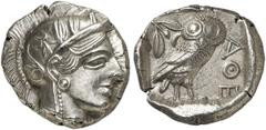 GRIECHISCHE MÜNZEN ATTICA ATHEN AR-Tetradrachme, um 440/420 v. Chr.; 17,19 g. Athenakopf r. mit attischem Helm//In Incusum: Eule r., da­hinter Olivenzweig und Mondsichel. Flament Gruppe II. Kl. Schröt
