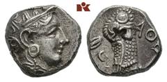 ATHEN. AR-Tetradrachme, um 350/295 v. Chr.; 17,17 g. Athenakopf r. mit attischem Helm//Eule r., dahinter Olivenzweig und Mondsichel. Flament S. 125 ff., Gruppe Pi III. Prüfpunze auf dem Revers, sehr s