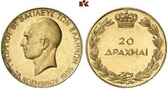 EUROPÄISCHE GOLDPRÄGUNGEN GRIECHENLAND Georg II., 2. Regierung, 1935-1947 20 Drachmen o. J. (1940), Birmingham. geprägt anläßlich des 5. Jahrestages seiner Rückkehr aus dem Exil nach Athen am 25. Nove