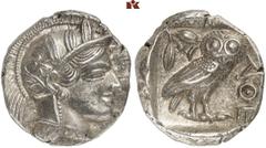 GRIECHISCHE MÜNZEN ATTICA ATHEN AR-Tetradrachme, um 440/420 v. Chr.; 17,18 g. Athenakopf r. mit attischem Helm//In Incusum: Eule r., dahinter Olivenzweig und Mondsichel. Flament Gruppe II. Vorzüglich/