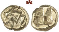 GRIECHISCHE MÜNZEN MYSIA KYZIKOS El-Hekte, 550/500 v. Chr.; 2,67 g. Ziegenkopf l., darunter Thunfisch//Viergeteiltes Incusum. SNG France -, vergl. 186 (Stater); v. Fritze 48. R Sehr schön Kyzikos behe