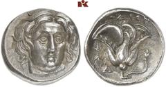 GRIECHISCHE MÜNZEN CARIA RHODOS AR-Didrachme, 305/275 v. Chr.; 6,95 g. Helioskopf fast v. v.//Rose, l. Blitz und Δ. Ashton, The Coinage of Rhodes 168; SNG Keckman 477. Sehr selten in dieser Erhaltung.