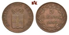 EUROPÄISCHE MÜNZEN UND MEDAILLEN GRIECHENLAND Otto I., 1832-1862. Ku.-5 Lepta 1849, Athen. Divo 23 c; Karamitsos 69. Sehr schön-vorzüglich