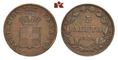 EUROPÄISCHE MÜNZEN UND MEDAILLEN GRIECHENLAND Otto I., 1832-1862. Ku.-5 Lepta 1851, Athen. Divo 24 a; Karamitsos 70. Reste von Zaponlack, sehr schön-vorzüglich