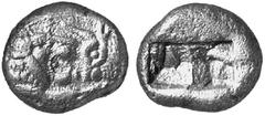 GRIECHISCHE MÜNZEN (GREEK COINS) LYDIA LYDIA Kroisos, 561-546 v. Chr. Õ-1/2 Stater, Sardeis; 5.05 g. Löwen- und Stierprotome einander gegenüber//Zwei Incusa. SNG v. Aulock 2878. Vorderseite deutlich a