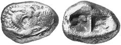 GRIECHISCHE MÜNZEN (GREEK COINS) LYDIA LYDIA Kroisos, 561-546 v. Chr. Õ-1/2 Stater, Sardeis; 5.00 g. Löwen- und Stierprotome einander gegenüber//Zwei Incusa. SNG v. Aulock 2877. Sehr schön Schätzpreis