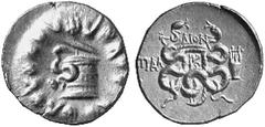 GRIECHISCHE MÜNZEN (GREEK COINS) LYDIA LYDIA TRALLES. Õ-Cistophor, nach 133 v. Chr.; 12.41 g. Cista mystica in Efeukranz//Zwei Schlangen um Köcher, l. , oben , r. Lyra. BMC -, vergl. 35 (Beiz. Herme);