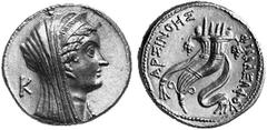 GRIECHISCHE MÜNZEN (GREEK COINS) AEGYPTUS AEGYPTUS Ptolemaios VIII., 145-116 v. Chr. für Arsinoe II. Ô-Oktodrachme (Mnaion), Alexandria; 27.79 g. Kopf r. mit Diadem und Schleier, dahinter K//Doppelfül