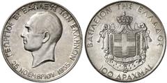 EUROPÄISCHE MÜNZEN UND MEDAILLEN GRIECHENLAND Georg II., 2. Regierung, 1935-1947 100 Drachmen o. J. (1940), Birmingham, geprägt anläßlich des 5. Jahrestages seiner Rückkehr aus dem Exil nach Athen am 