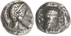 GRIECHISCHE MÜNZEN ATTICA ATHEN. AR-Tetradrachme, 500/480 v. Chr.; 16,82 g. Athenakopf r. mit attischem Helm//In Incusum: Eule steht r., dahinter Olivenzweig. Seltman Gruppe F (A 94 / P 106). RR Feine