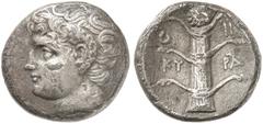 GRIECHISCHE MÜNZEN CYRENAICA AR-Didrachme, 308/277 v. Chr.; 7,40 g. Karneioskopf l.//Silphium, l. Schlange, r. Monogramm. BMC 245; SNG Cop. 1239. Sehr schönes Exemplar mit feiner Patina Der Silphiumha