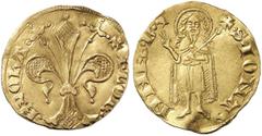 KREUZFAHRER ACHAIA Florent de Hainaut, 1289-1297. Goldgulden nach Florentiner Typ Clarentza; 3,33 g. Beizeichen: Adler­­kopf. +FLOR - EX ChA Lilie//S • IONA - NNES • B • Johannes der Täufer steht v. v