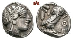 GRIECHISCHE MÜNZEN ATTICA ATHEN. AR-Tetradrachme, um 420/405 v. Chr.; 16,79 g. Athenakopf r. mit attischem Helm//In Incusum: Eule r., dahinter Olivenzweig und Mondsichel. Flament Gruppe III. Sehr schö