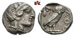 GRIECHISCHE MÜNZEN ATTICA ATHEN. AR-Tetradrachme, um 420/405 v. Chr.; 17,11 g. Athenakopf r. mit attischem Helm//In Incusum: Eule r., dahinter Olivenzweig und Mondsichel. Flament Gruppe III. Winz. Prü