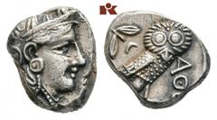GRIECHISCHE MÜNZEN ATTICA ATHEN. AR-Tetradrachme, um 350/295 v. Chr.; 17,15 g. Athenakopf r. mit attischem Helm//Eule r., dahinter Olivenzweig und Mondsichel. Flament S. 125 ff., Gruppe Pi III. Sehr s