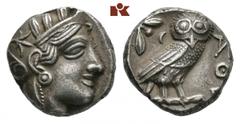 GRIECHISCHE MÜNZEN ATTICA ATHEN. AR-Tetradrachme, um 420/405 v. Chr.; 17,1 g. Athenakopf r. mit attischem Helm//In Incusum: Eule r., dahinter Olivenzweig und Mondsichel. Flament Gruppe III. Knapper Sc
