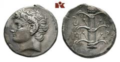 GRIECHISCHE MÜNZEN CYRENAICA KYRENE. AR-Didrachme, 308/277 v. Chr.; 7,52 g. Karneiuskopf l.//Silphium. SNG Cop. 1239 (stempelgleich). Etwas korrodiert, kl. Kratzer, sehr schön Der Silphiumhandel macht
