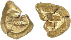 GRIECHISCHE MÜNZEN MYSIA KYZIKOS El-Stater, 600/550 v. Chr.; 16,08 g. Zwei Thunfische übereinander, der obere l., der untere r.//Viergeteiltes Incusum. Hurter/Liewald, Die Frühesten Typen der Elektron